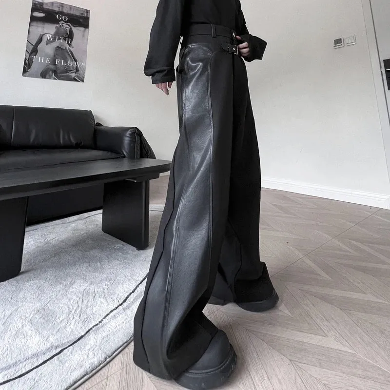 IEFB Men's Trousers Autumn Dark Casual Pants Pu Leather Patchwork Streetwear Loose Korean Style Trend Male Overalls 9C1956