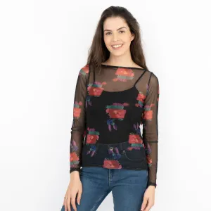 Karen Millen Black Floral Long Sleeve Boat Neck Mesh Top