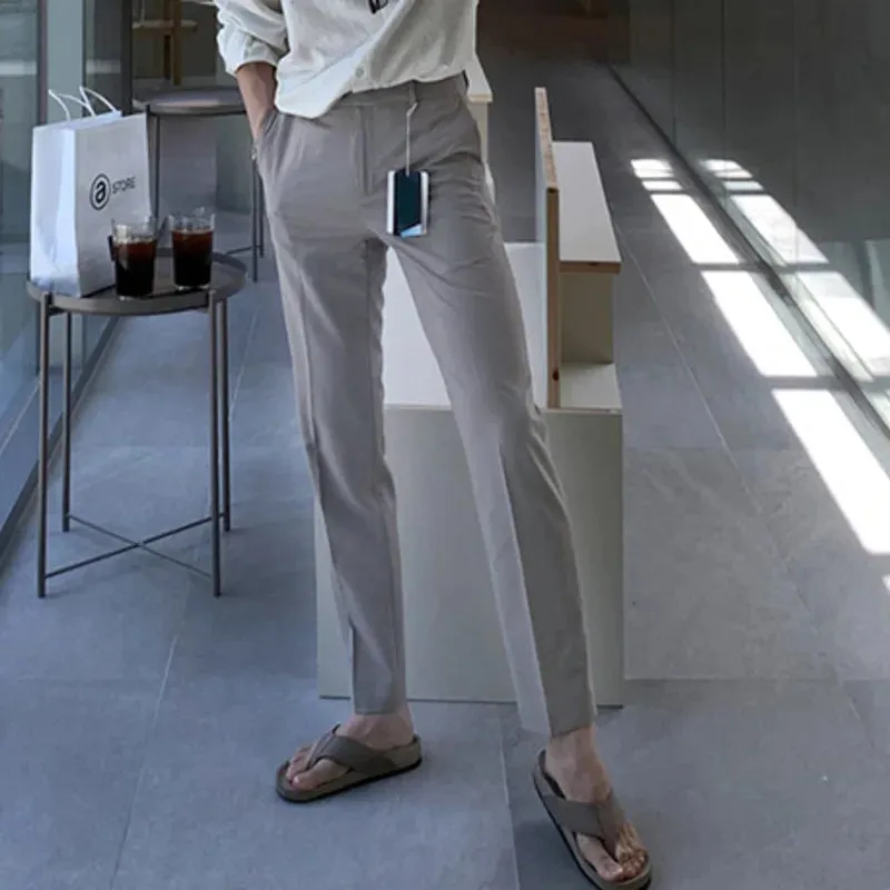 Korean Style Men's Suit Pants Center Line Slim Soldi Color Trousers Straight Leg Business Casual Male Bottom Trendy 9C7062