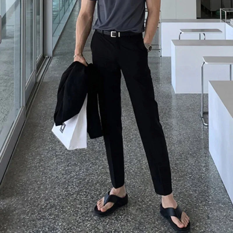 Korean Style Men's Suit Pants Center Line Slim Soldi Color Trousers Straight Leg Business Casual Male Bottom Trendy 9C7062