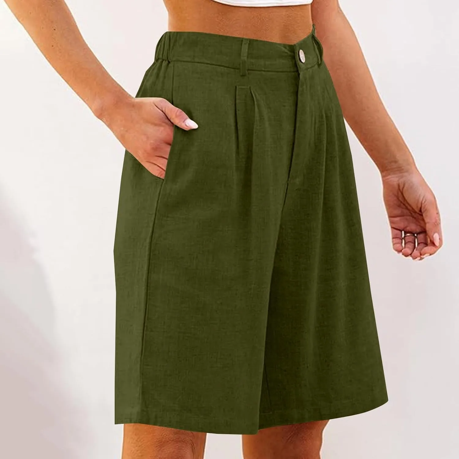 Linen Bermuda Shorts for Women Knee Length Summer High Waisted Baggy Pedal Pushers with Pockets Casual Comfy Beach Short