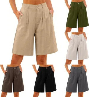 Linen Bermuda Shorts for Women Knee Length Summer High Waisted Baggy Pedal Pushers with Pockets Casual Comfy Beach Short