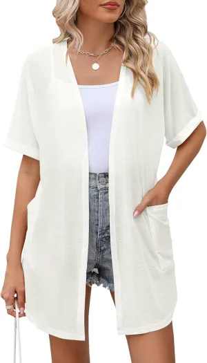 LOMON Women's Cardigans Open Front Lightweight Long Cardigan Summer Short Sleeve Casual Cover Ups with Pockets