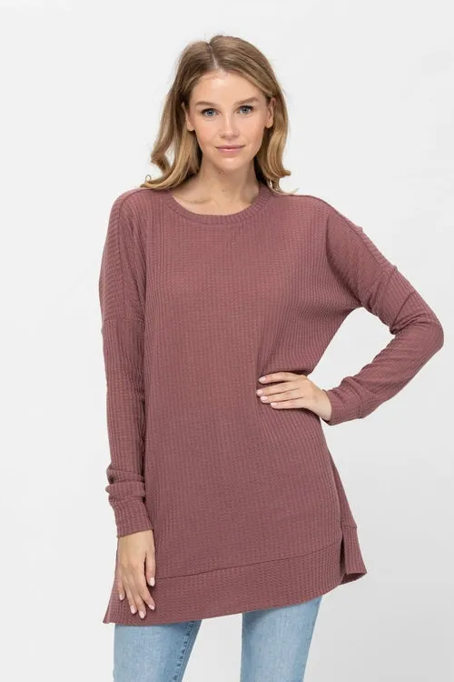 Long Sleeve Waffle Knit Sweater Round Neck Solid Color Pullover Dress
