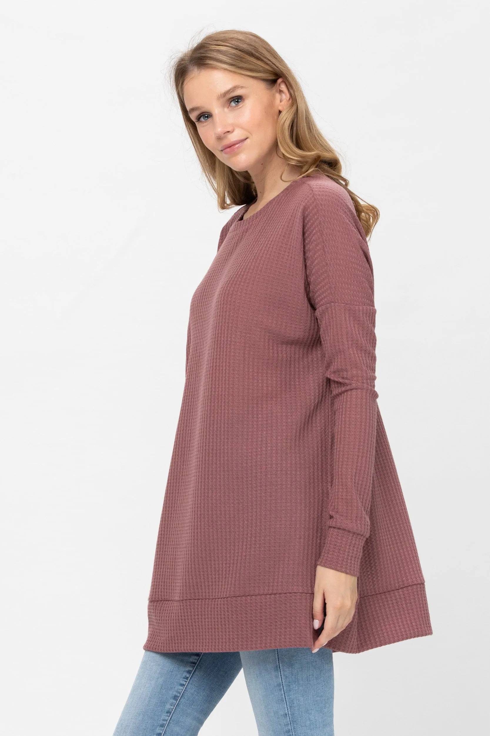 Long Sleeve Waffle Knit Sweater Round Neck Solid Color Pullover Dress