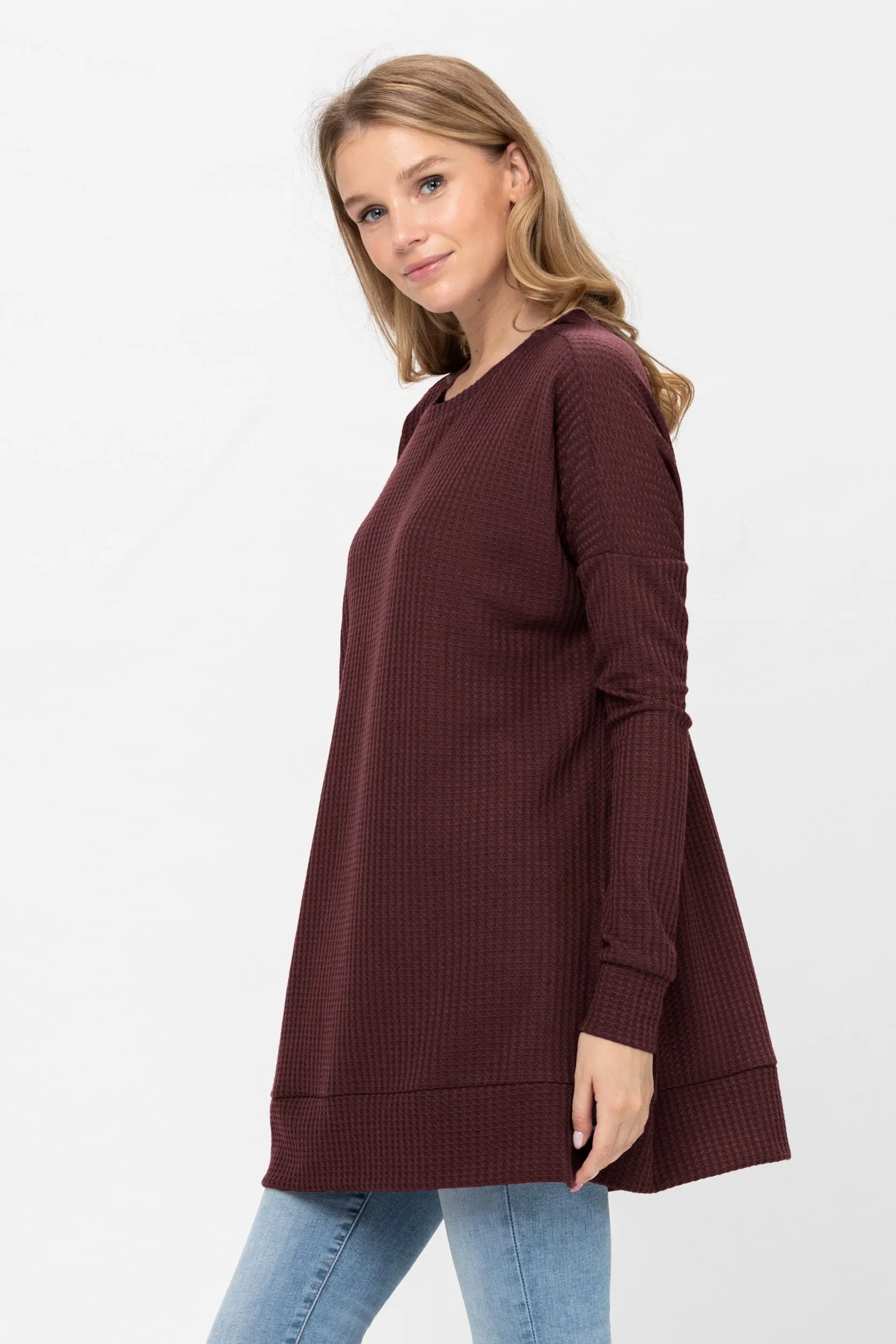 Long Sleeve Waffle Knit Sweater Round Neck Solid Color Pullover Dress