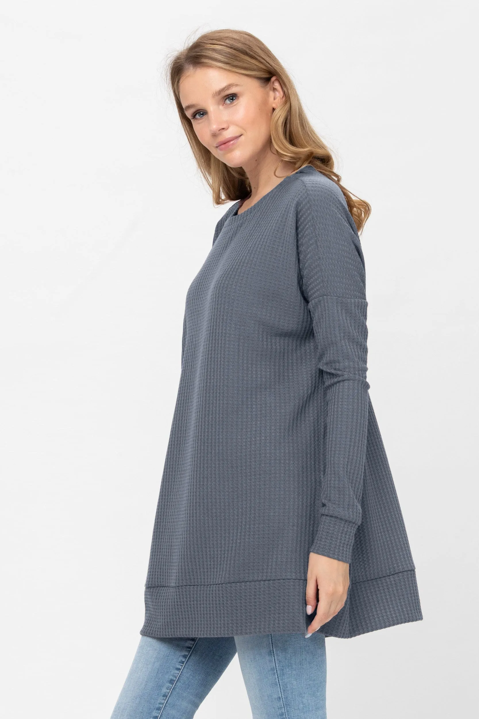 Long Sleeve Waffle Knit Sweater Round Neck Solid Color Pullover Dress