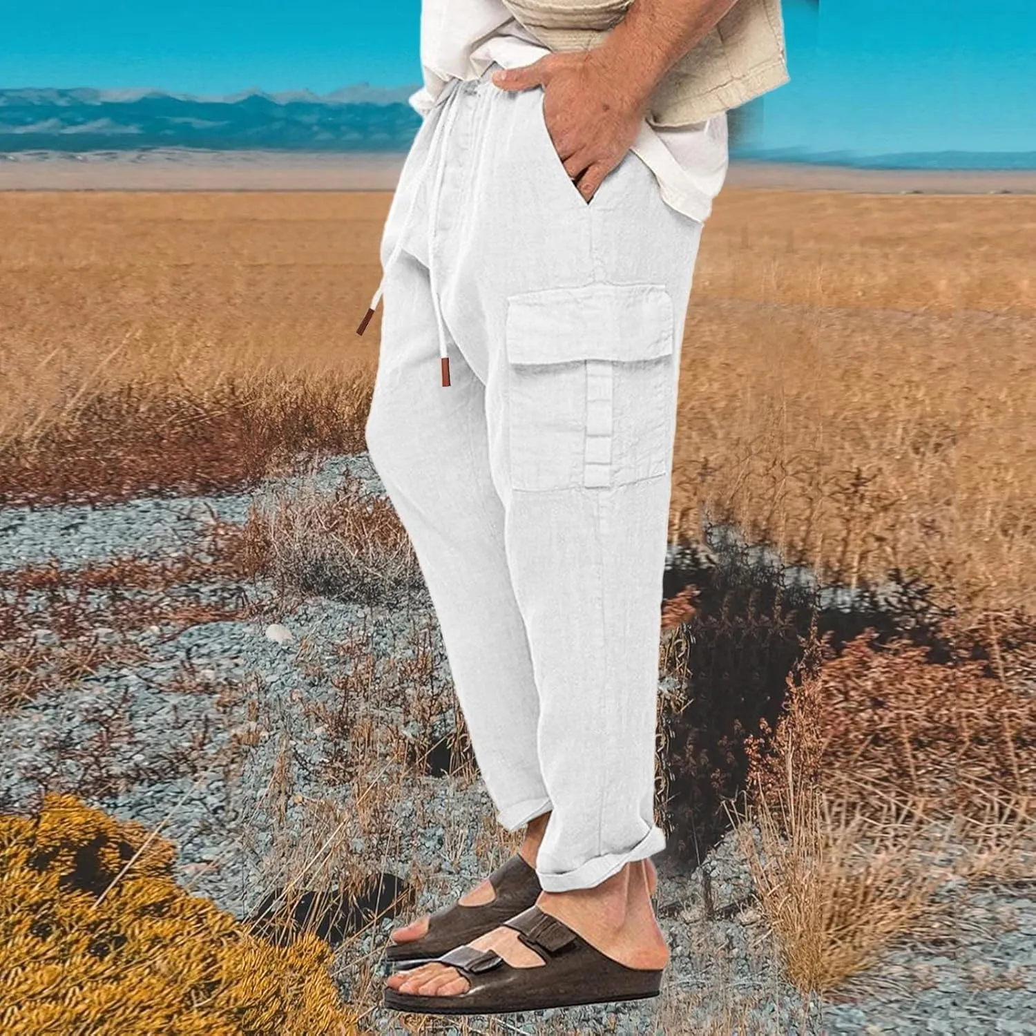 Men's Cargo Linen Pants Casual Drawstring Summer Beach Pants Elastic Waist Lounge Trousers with Pockets