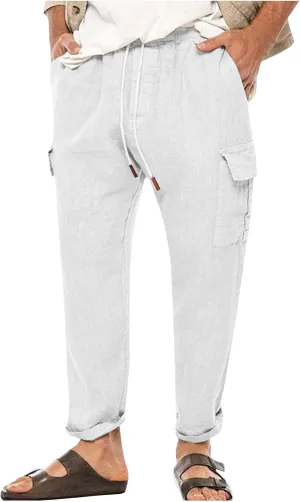 Men's Cargo Linen Pants Casual Drawstring Summer Beach Pants Elastic Waist Lounge Trousers with Pockets