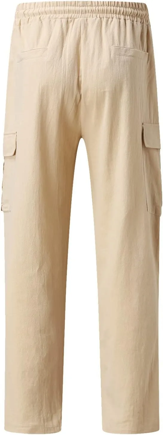 Men's Cargo Linen Pants Casual Drawstring Summer Beach Pants Elastic Waist Lounge Trousers with Pockets