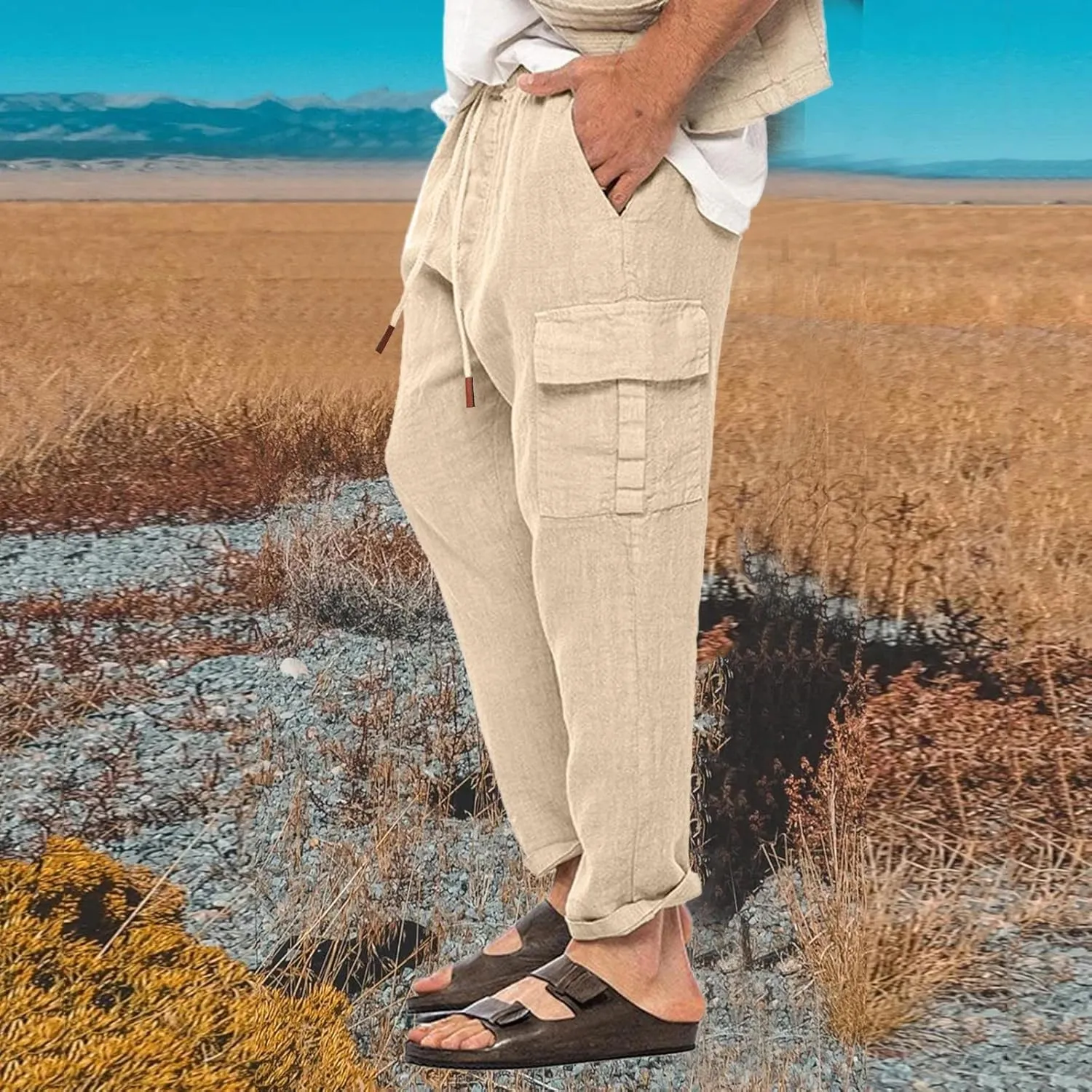 Men's Cargo Linen Pants Casual Drawstring Summer Beach Pants Elastic Waist Lounge Trousers with Pockets