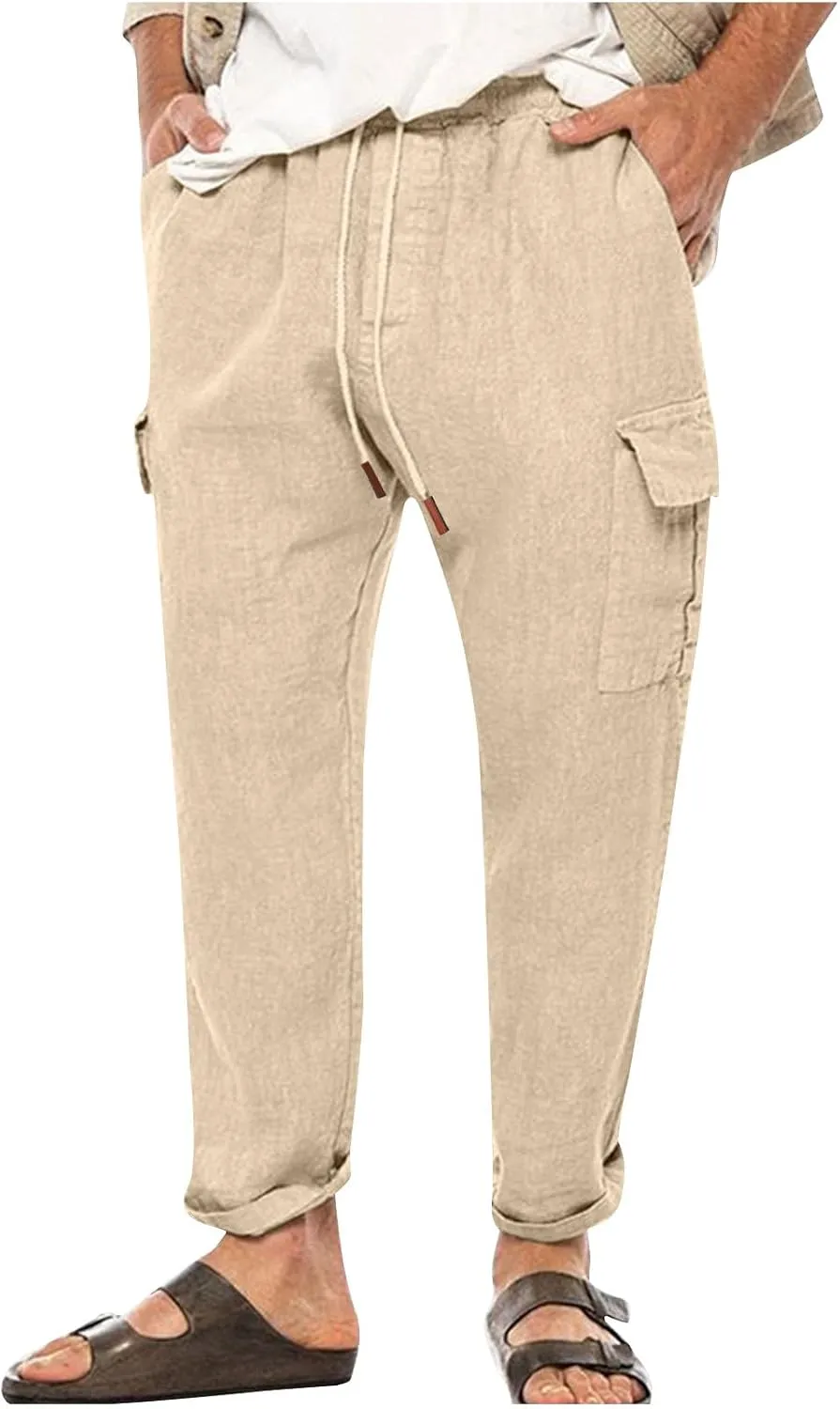 Men's Cargo Linen Pants Casual Drawstring Summer Beach Pants Elastic Waist Lounge Trousers with Pockets