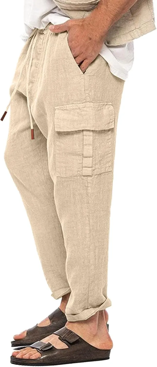 Men's Cargo Linen Pants Casual Drawstring Summer Beach Pants Elastic Waist Lounge Trousers with Pockets