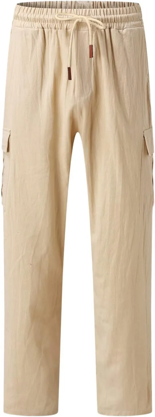 Men's Cargo Linen Pants Casual Drawstring Summer Beach Pants Elastic Waist Lounge Trousers with Pockets