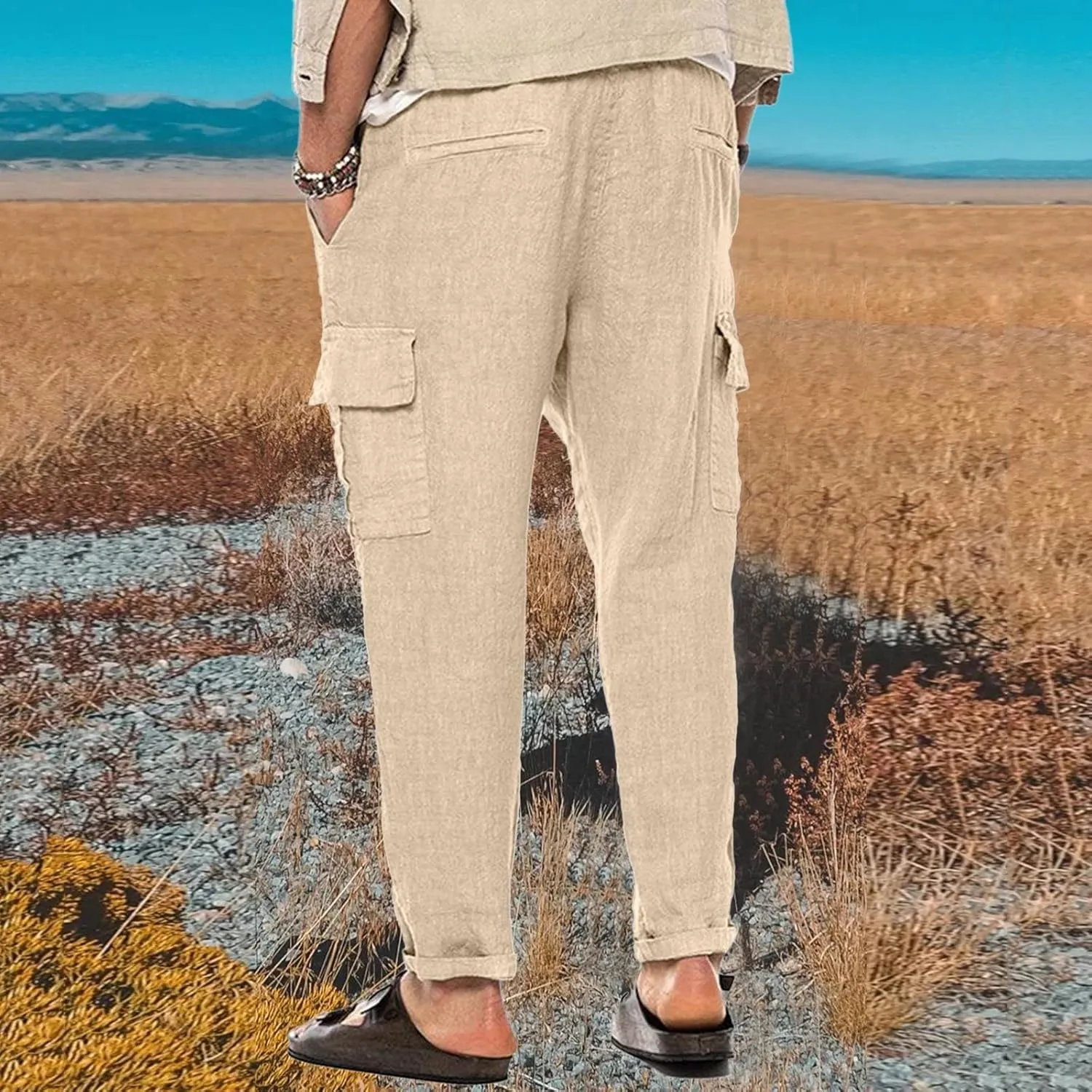 Men's Cargo Linen Pants Casual Drawstring Summer Beach Pants Elastic Waist Lounge Trousers with Pockets