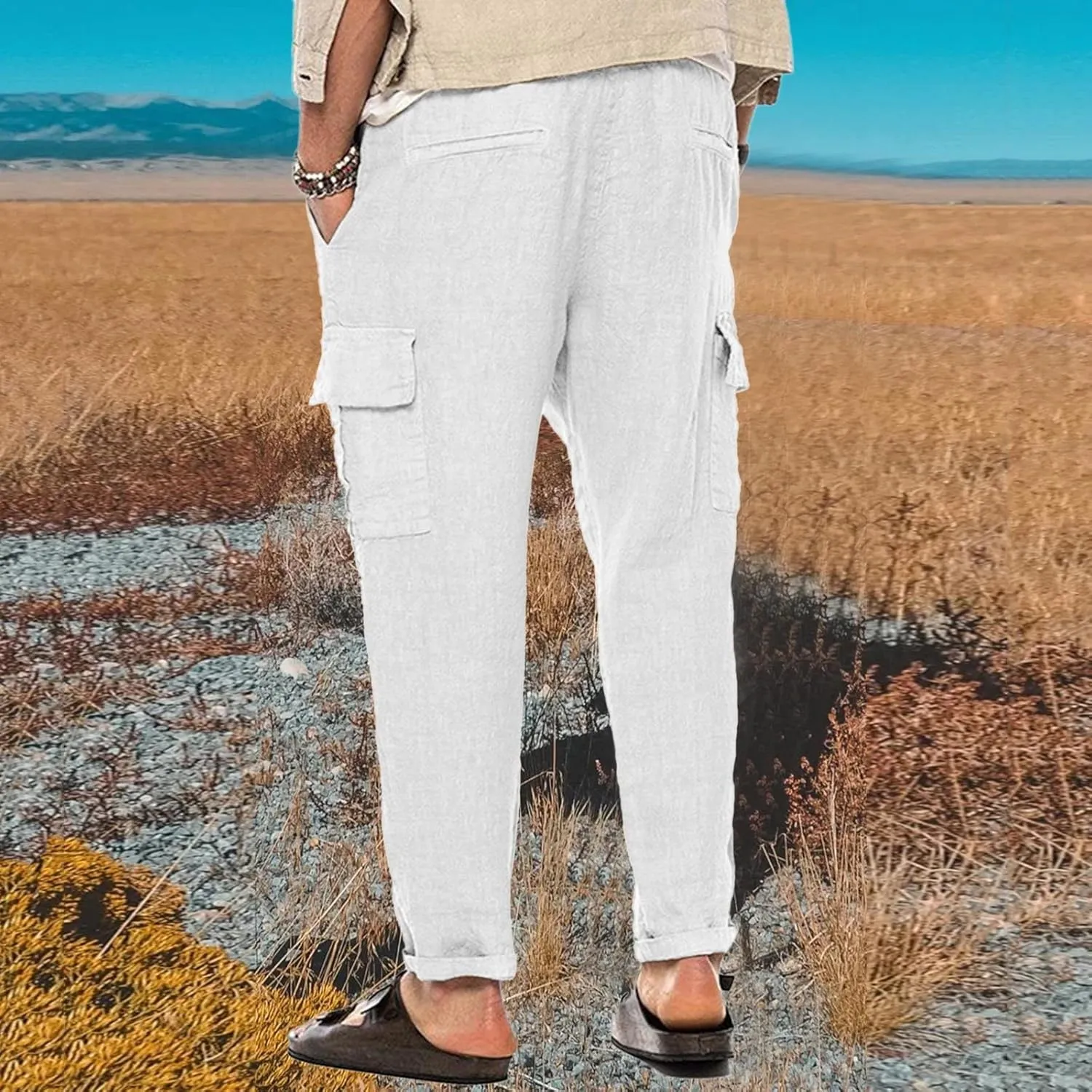 Men's Cargo Linen Pants Casual Drawstring Summer Beach Pants Elastic Waist Lounge Trousers with Pockets