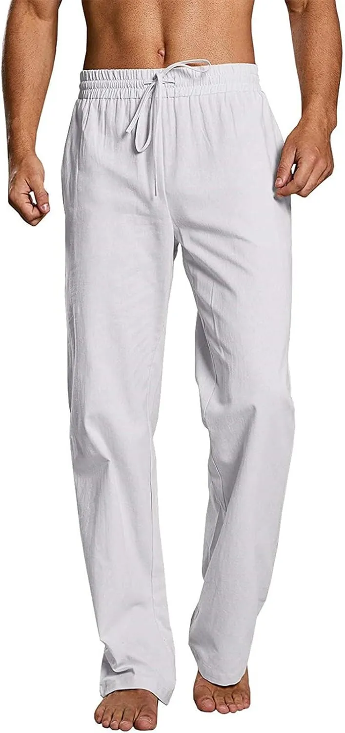 Men's Casual Linen Pants Elastic Waist Drawstring Beach Summer Pants Stretch Chino Pant Lightweight Linen Trousers