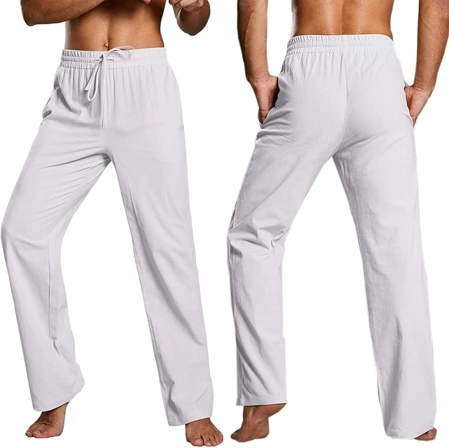 Men's Casual Linen Pants Elastic Waist Drawstring Beach Summer Pants Stretch Chino Pant Lightweight Linen Trousers