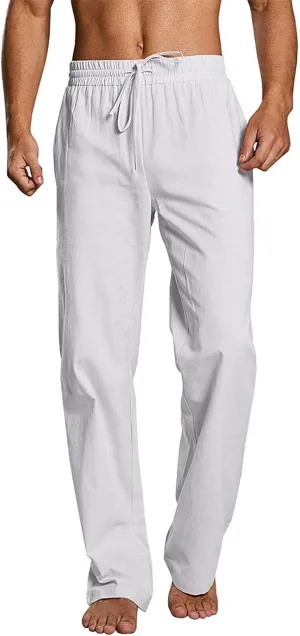 Men's Casual Linen Pants Elastic Waist Drawstring Beach Summer Pants Stretch Chino Pant Lightweight Linen Trousers
