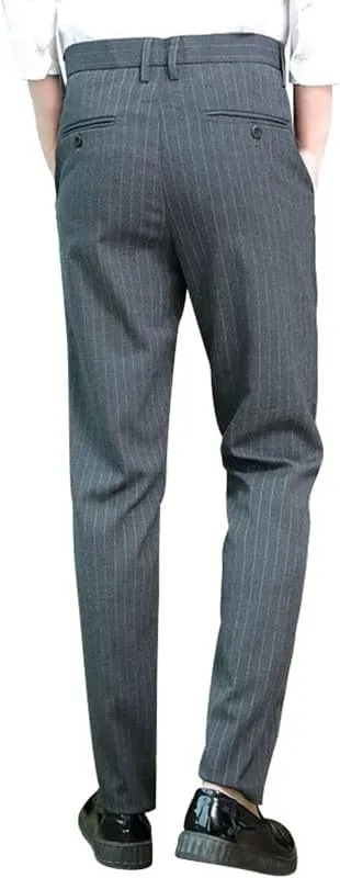 Men's Formal Striped Dress Pants Wrinkle Free Slim Fit Business Flat Front Chino Suit Trousers