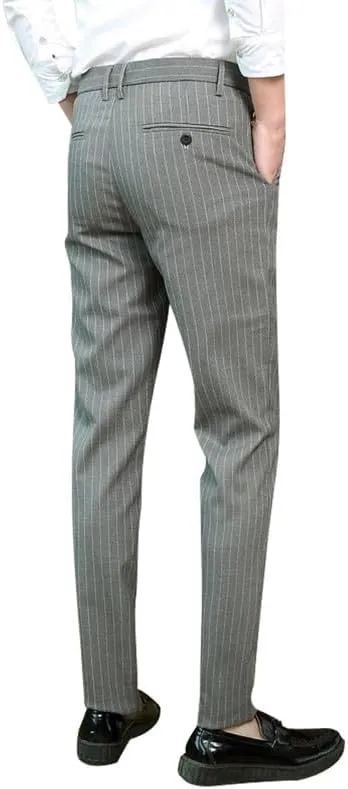 Men's Formal Striped Dress Pants Wrinkle Free Slim Fit Business Flat Front Chino Suit Trousers