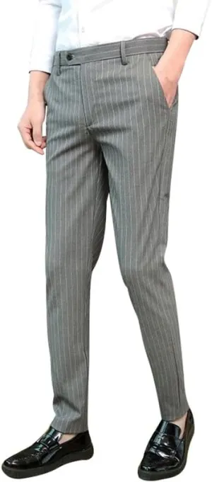 Men's Formal Striped Dress Pants Wrinkle Free Slim Fit Business Flat Front Chino Suit Trousers