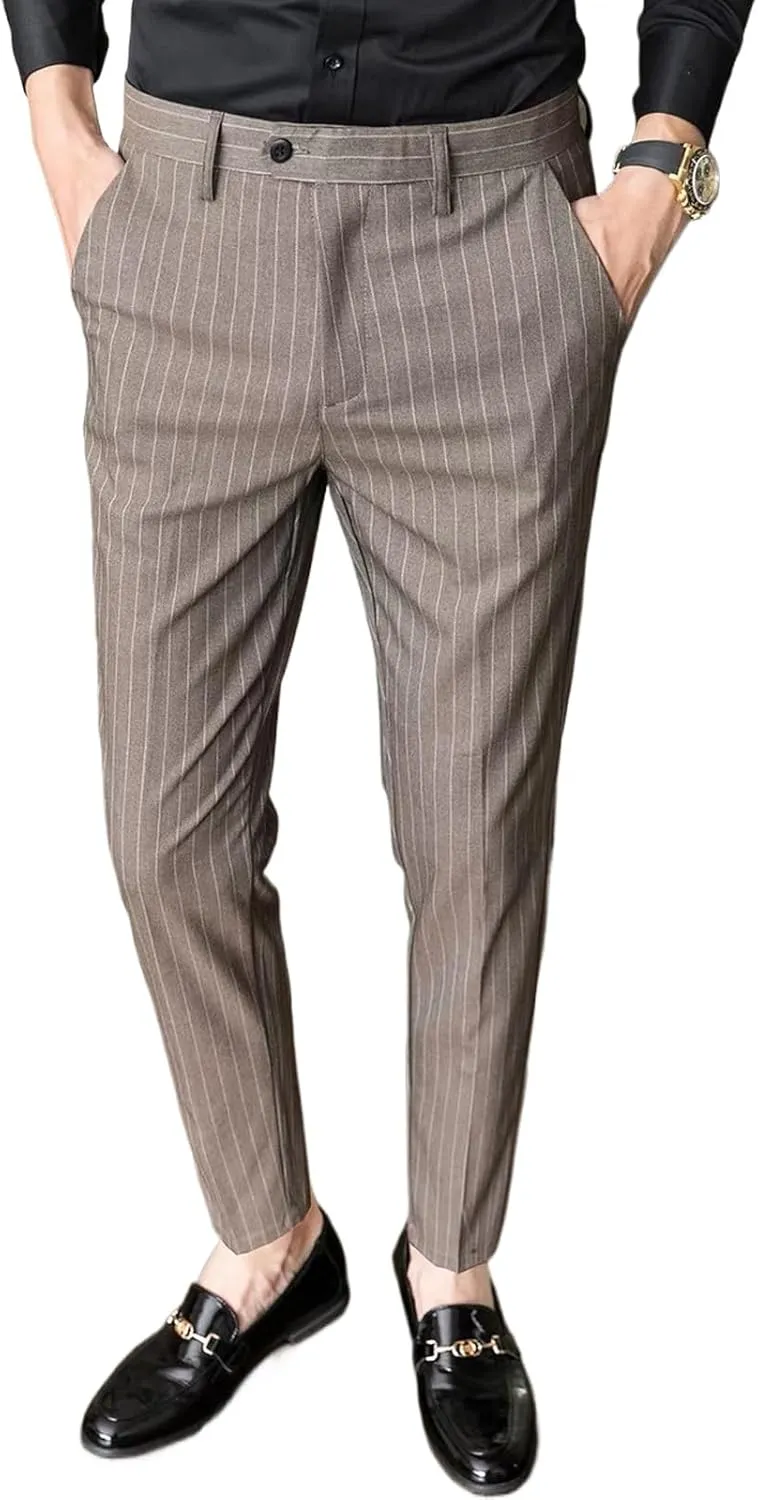 Men's Formal Striped Dress Pants Wrinkle Free Slim Fit Business Flat Front Chino Suit Trousers