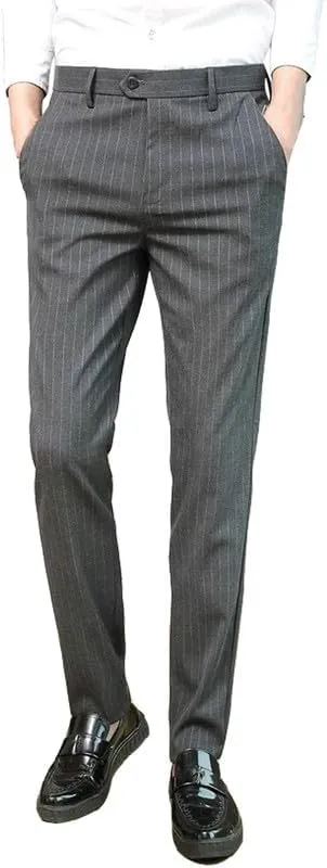 Men's Formal Striped Dress Pants Wrinkle Free Slim Fit Business Flat Front Chino Suit Trousers