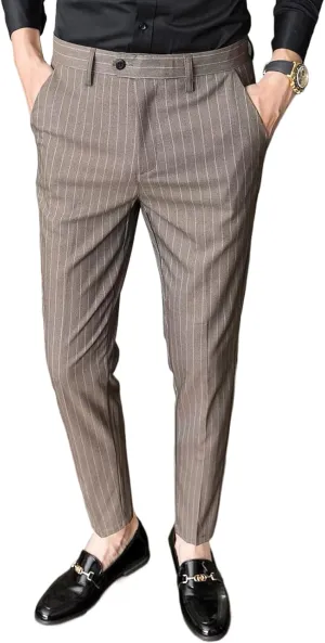 Men's Formal Striped Dress Pants Wrinkle Free Slim Fit Business Flat Front Chino Suit Trousers