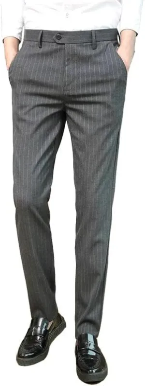 Men's Formal Striped Dress Pants Wrinkle Free Slim Fit Business Flat Front Chino Suit Trousers