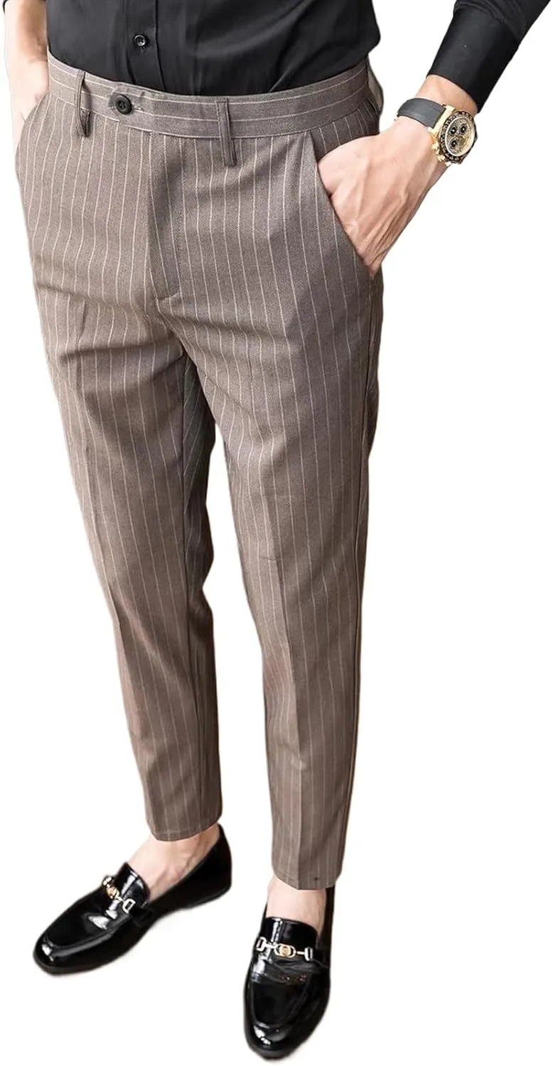 Men's Formal Striped Dress Pants Wrinkle Free Slim Fit Business Flat Front Chino Suit Trousers