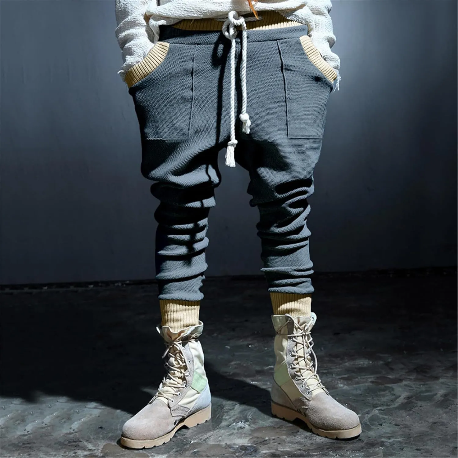Mens Novelty Tapered Pants Patchwork Knitted Drawstring Joggers Active Gym Trousers Slim Fit Casual Fashion Sweatpants