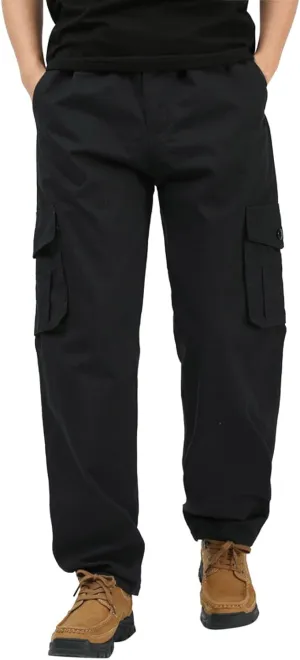 Mens Workout Cargo Sweatpants Drawstring Loose Waist Solid Color Pants Pocket Loose Fleece Casual Pants Men Fashion