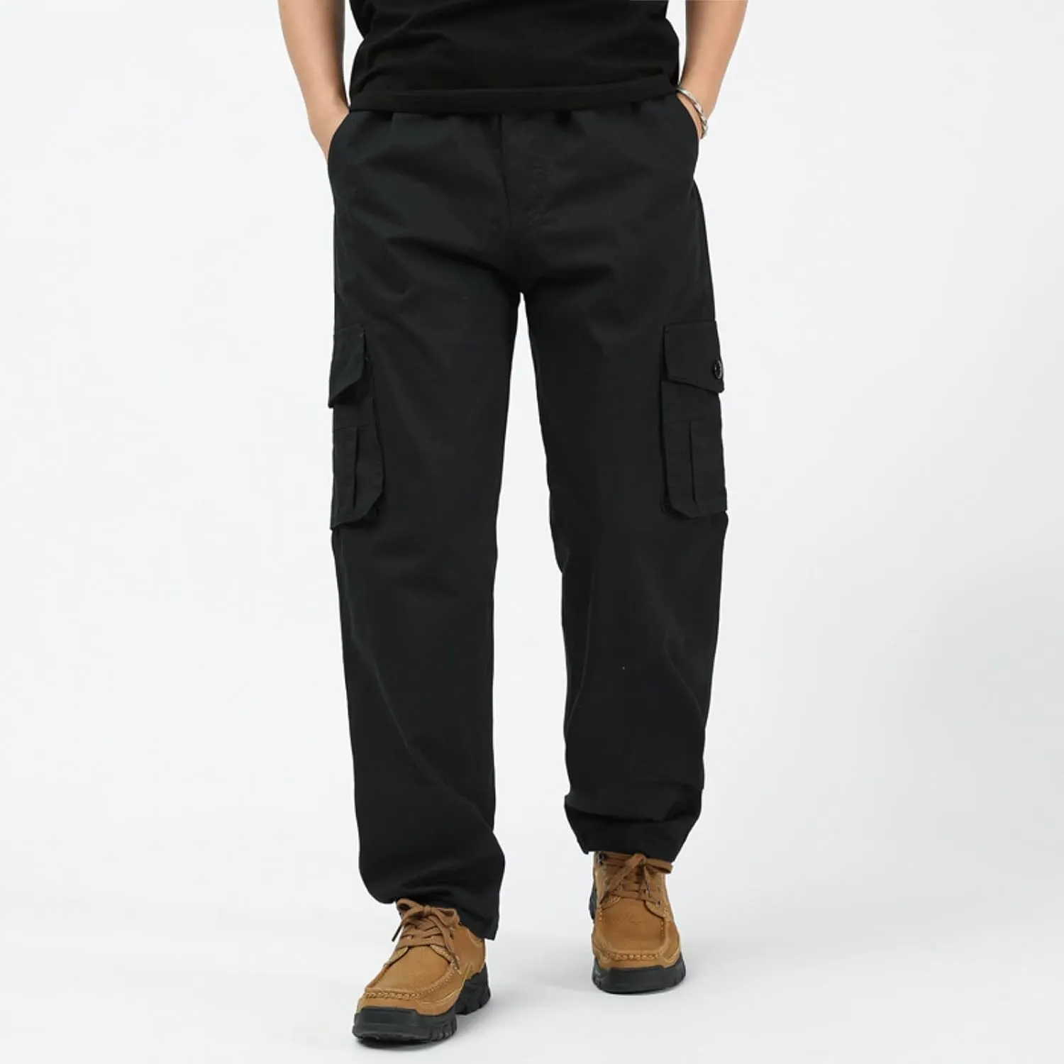 Mens Workout Cargo Sweatpants Drawstring Loose Waist Solid Color Pants Pocket Loose Fleece Casual Pants Men Fashion