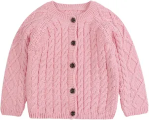 Peecabe Toddler Girl Sweaters Cable Knit Long Sleeve Crewneck Chunky Crochet Cardigans 1-6T