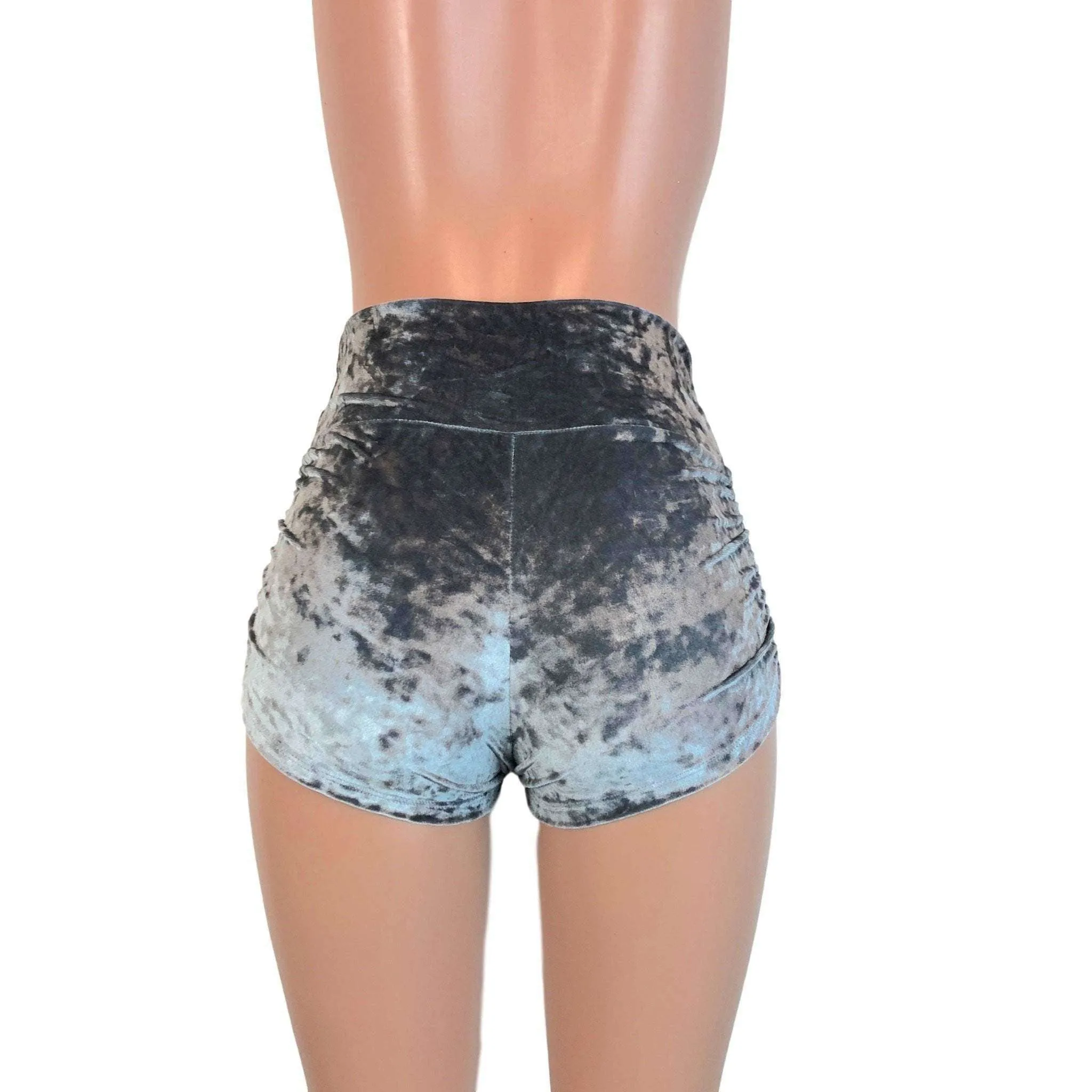 Ruched Velvet Booty Shorts - Silver Gray Crushed Velvet