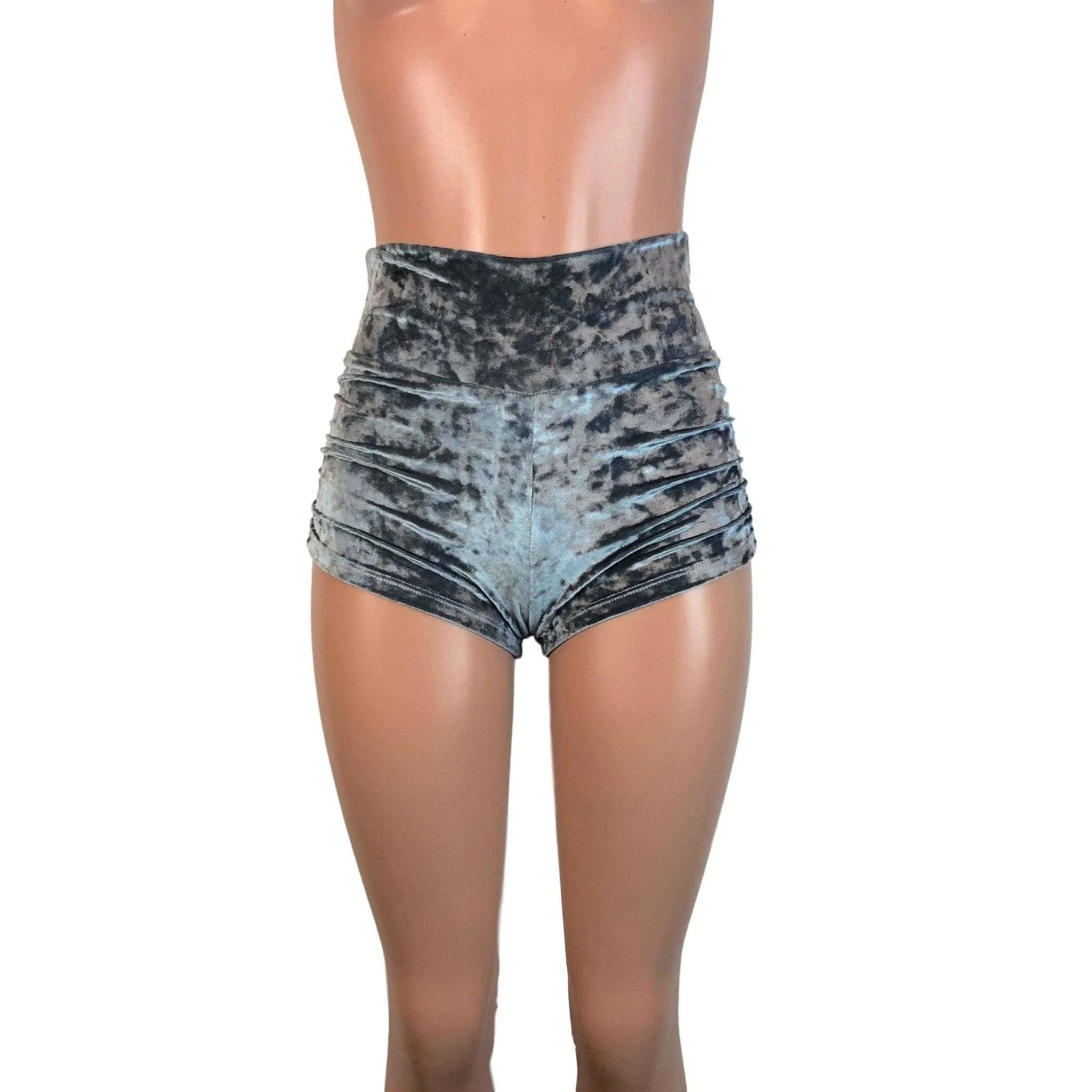 Ruched Velvet Booty Shorts - Silver Gray Crushed Velvet