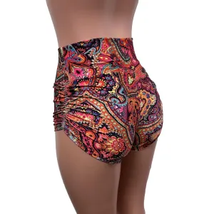 SALE - Ready to Ship - High Waist Ruched Booty Shorts in Paisley