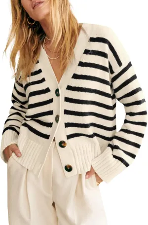 Saodimallsu Womens Striped Cardigan Sweaters V Neck Button Down Long Sleeve Open Front Ribbed Knit Outerwear