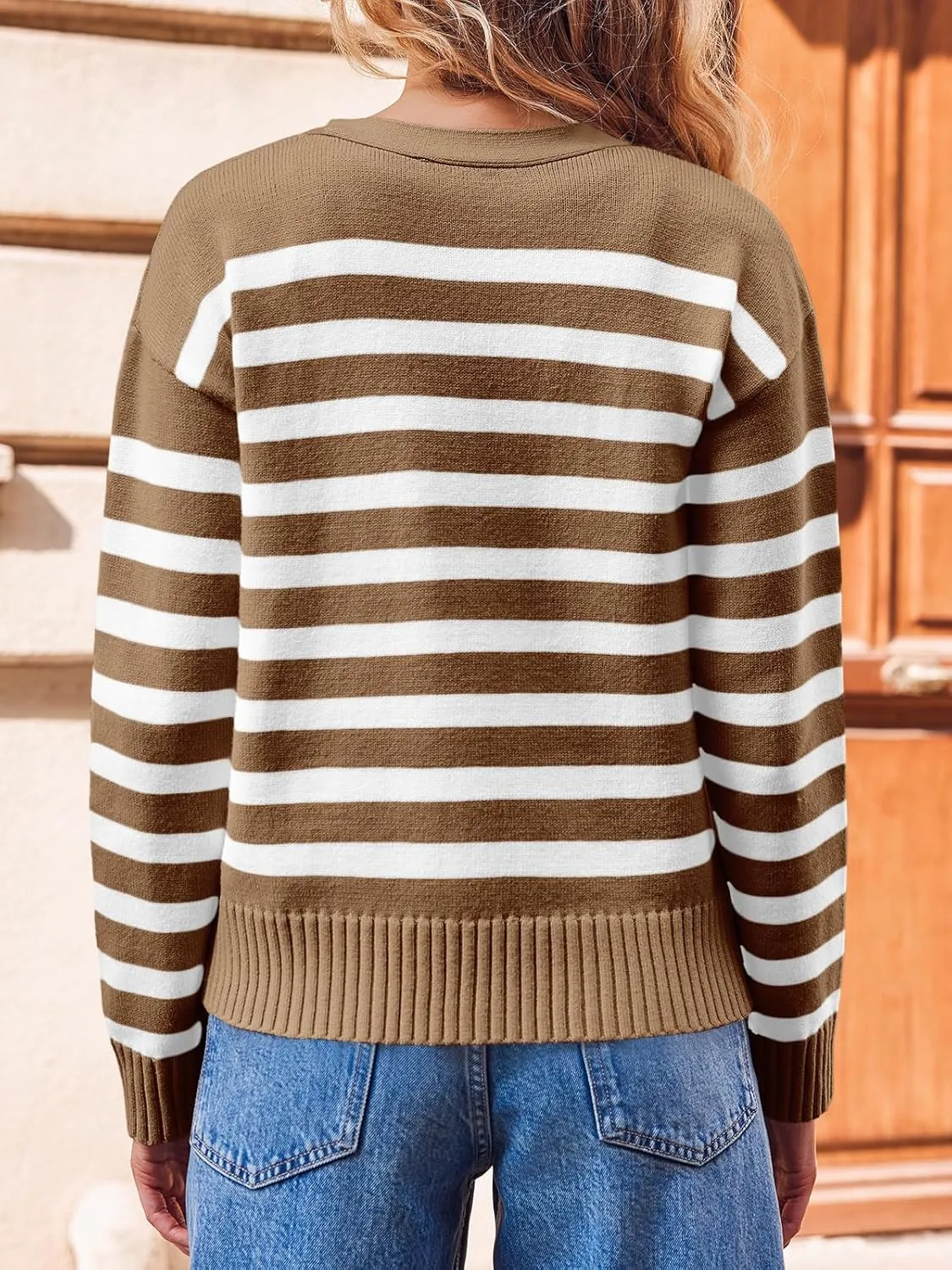 Saodimallsu Womens Striped Cardigan Sweaters V Neck Button Down Long Sleeve Open Front Ribbed Knit Outerwear