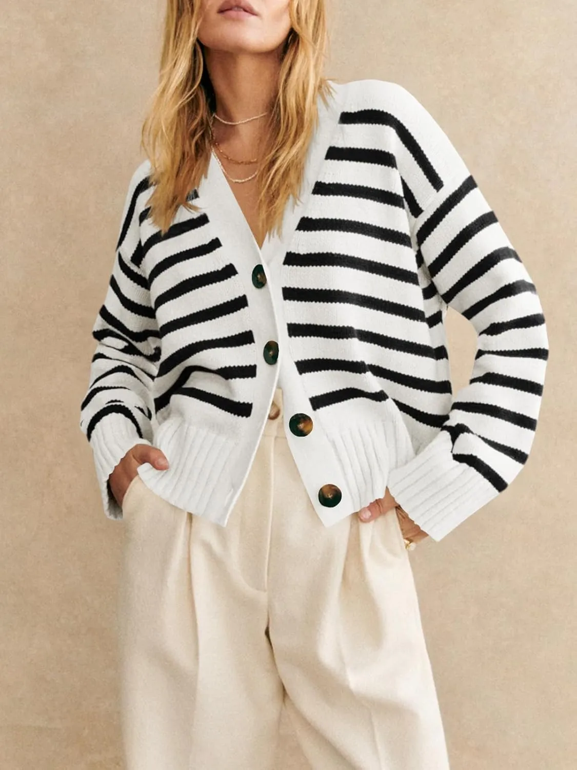 Saodimallsu Womens Striped Cardigan Sweaters V Neck Button Down Long Sleeve Open Front Ribbed Knit Outerwear