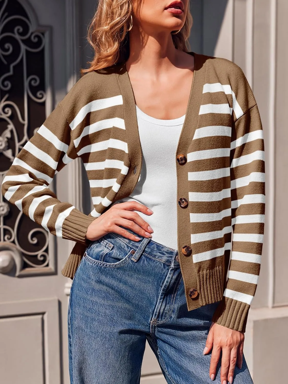 Saodimallsu Womens Striped Cardigan Sweaters V Neck Button Down Long Sleeve Open Front Ribbed Knit Outerwear