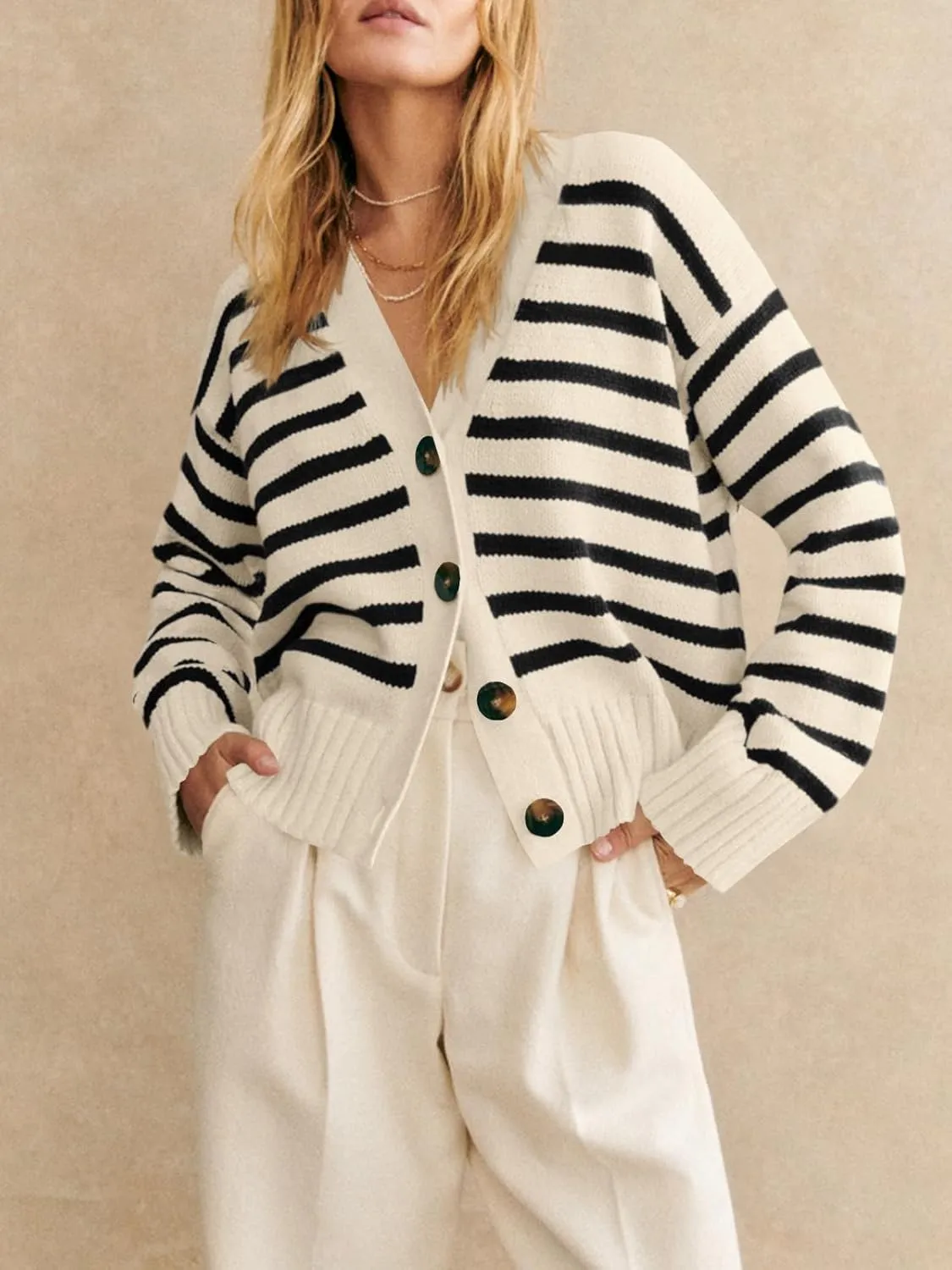 Saodimallsu Womens Striped Cardigan Sweaters V Neck Button Down Long Sleeve Open Front Ribbed Knit Outerwear