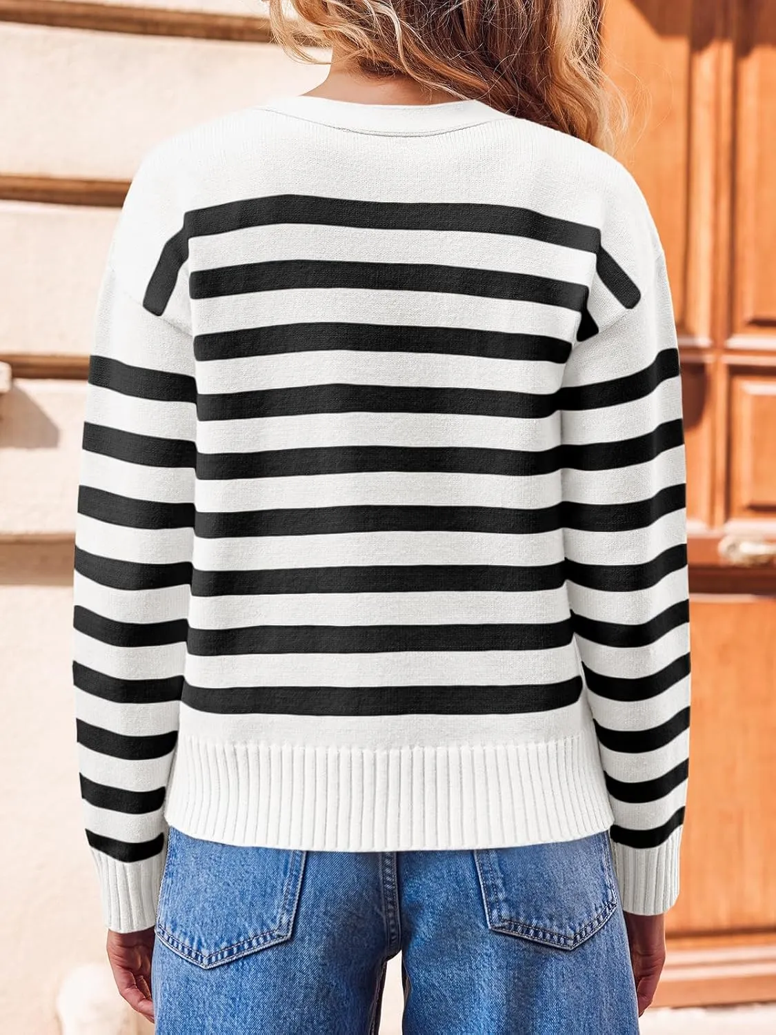 Saodimallsu Womens Striped Cardigan Sweaters V Neck Button Down Long Sleeve Open Front Ribbed Knit Outerwear