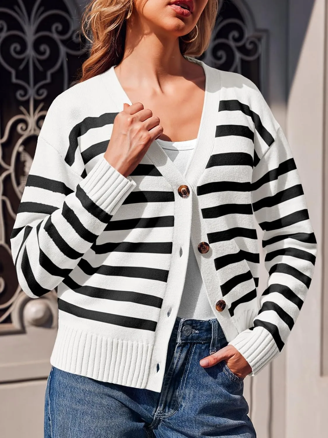 Saodimallsu Womens Striped Cardigan Sweaters V Neck Button Down Long Sleeve Open Front Ribbed Knit Outerwear