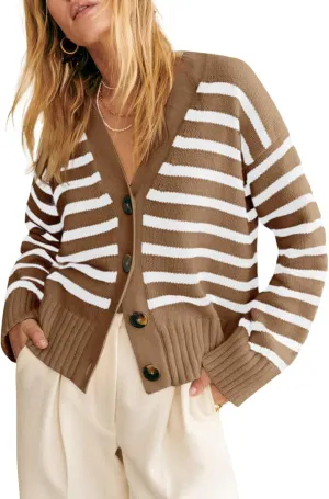 Saodimallsu Womens Striped Cardigan Sweaters V Neck Button Down Long Sleeve Open Front Ribbed Knit Outerwear