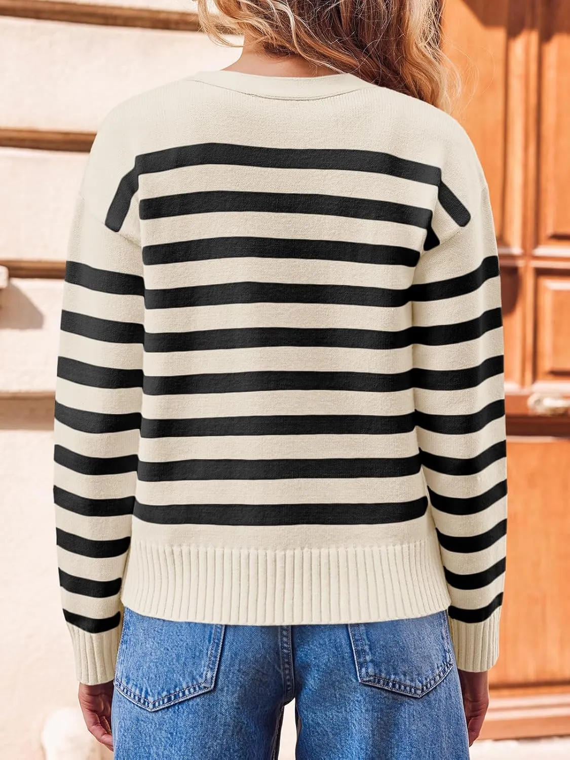 Saodimallsu Womens Striped Cardigan Sweaters V Neck Button Down Long Sleeve Open Front Ribbed Knit Outerwear