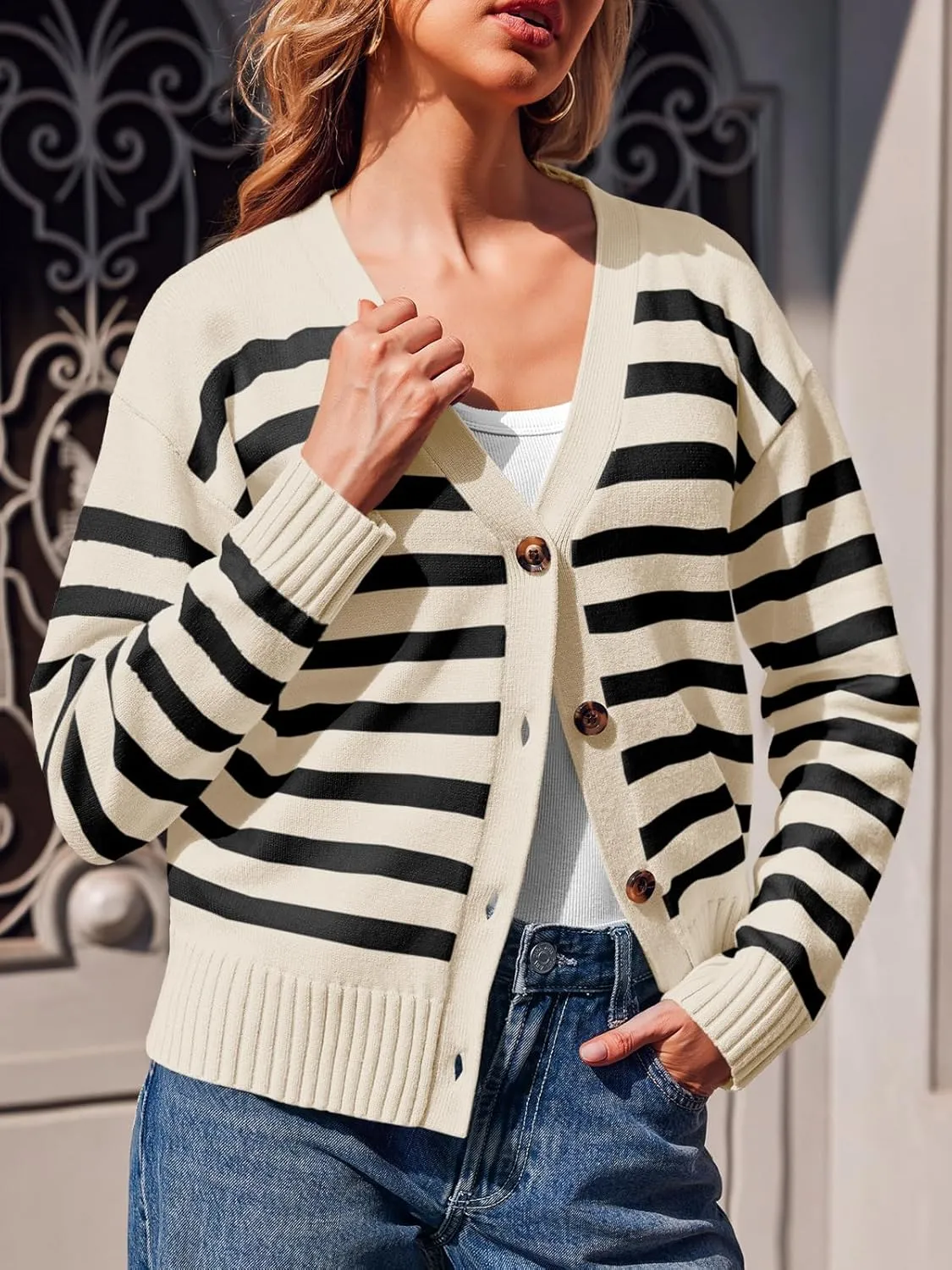 Saodimallsu Womens Striped Cardigan Sweaters V Neck Button Down Long Sleeve Open Front Ribbed Knit Outerwear
