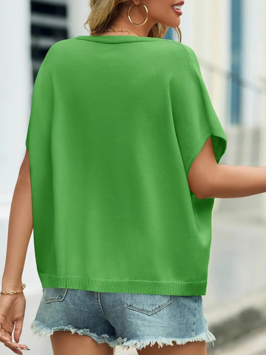 Saodimallsu Womens Summer Oversized Cardigans Batwing Short Sleeve Lightweight Button V Neck Casual Knit Sweater Tops