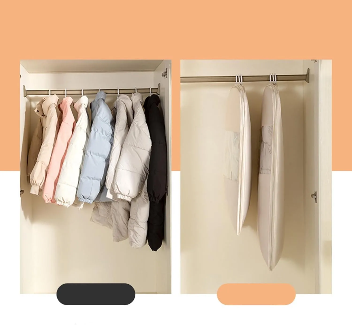 Space Saving Hanging Garment Bag with Self Compression Zipper | Dustproof Clothes Storage for Down Coats, Winter Jackets | Thick Closet Organizer Storage & Space Saver Bags (Beige, L)